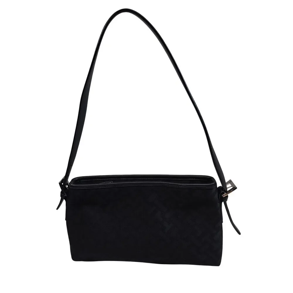 Talbots Black Jacquard Leather Trim Shoulder Bag Zip Top Adjustable Strap